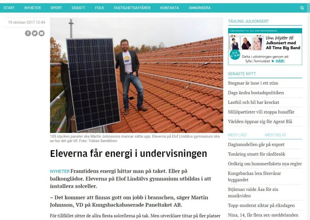 Paneltaket i Kungsbacka Posten. "Eleverna får energi i undervisningen".