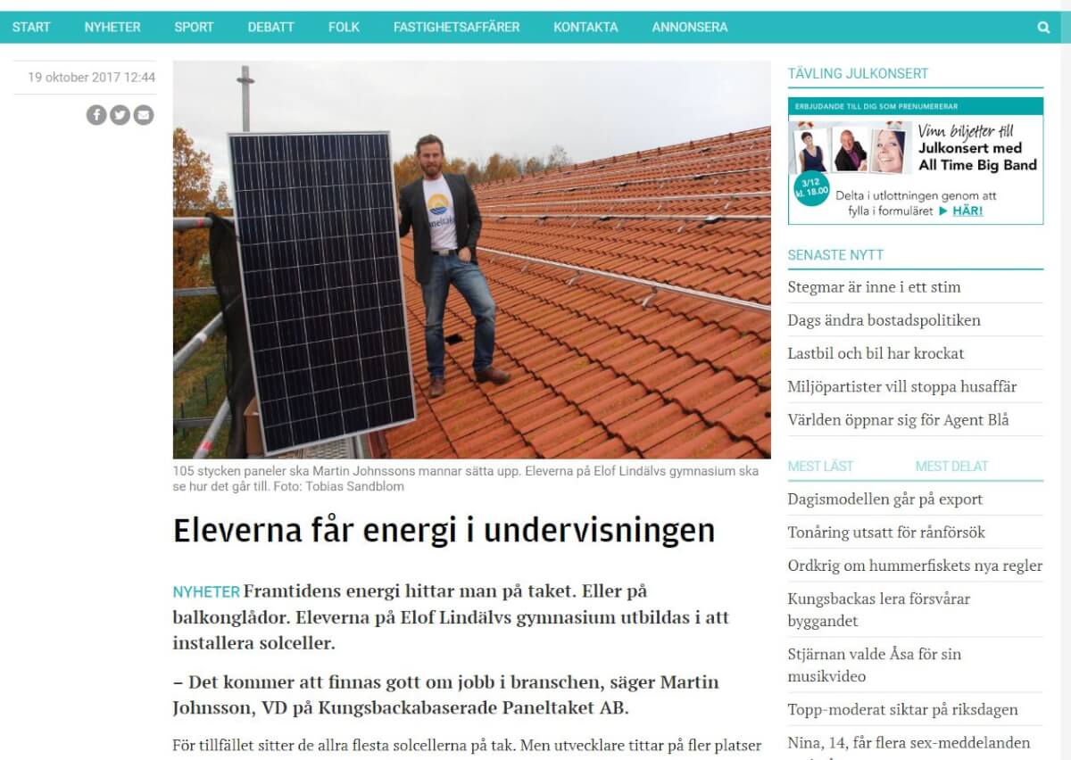 Paneltaket i Kungsbacka Posten. "Eleverna får energi i undervisningen".