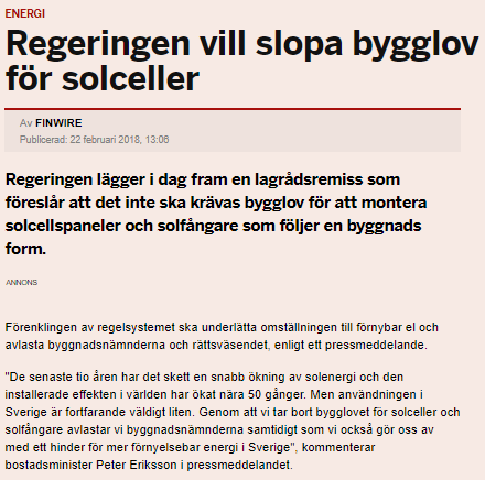 Bild på artikel "regeringen vill slopa bygglov för solceller"