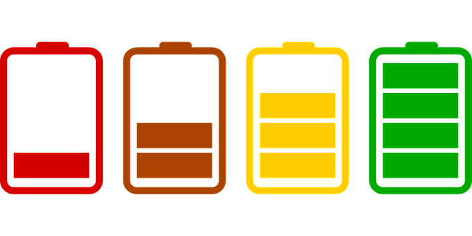 Bilden visar fyra batterier i rött, gult och grönt